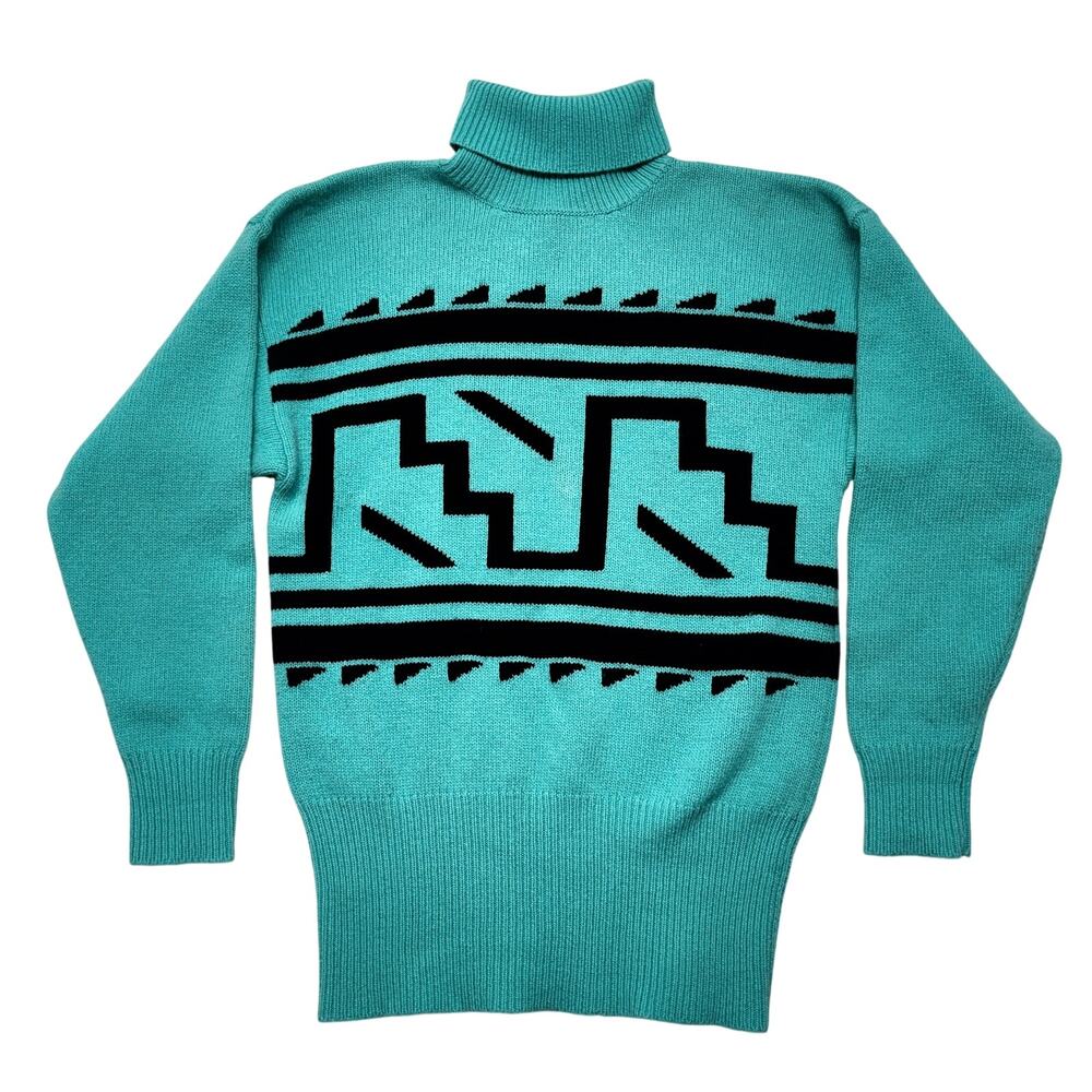 Vintage Lambswool Aztec Women Large Turquoise Turtleneck 80s Liz Sport Hong Kong